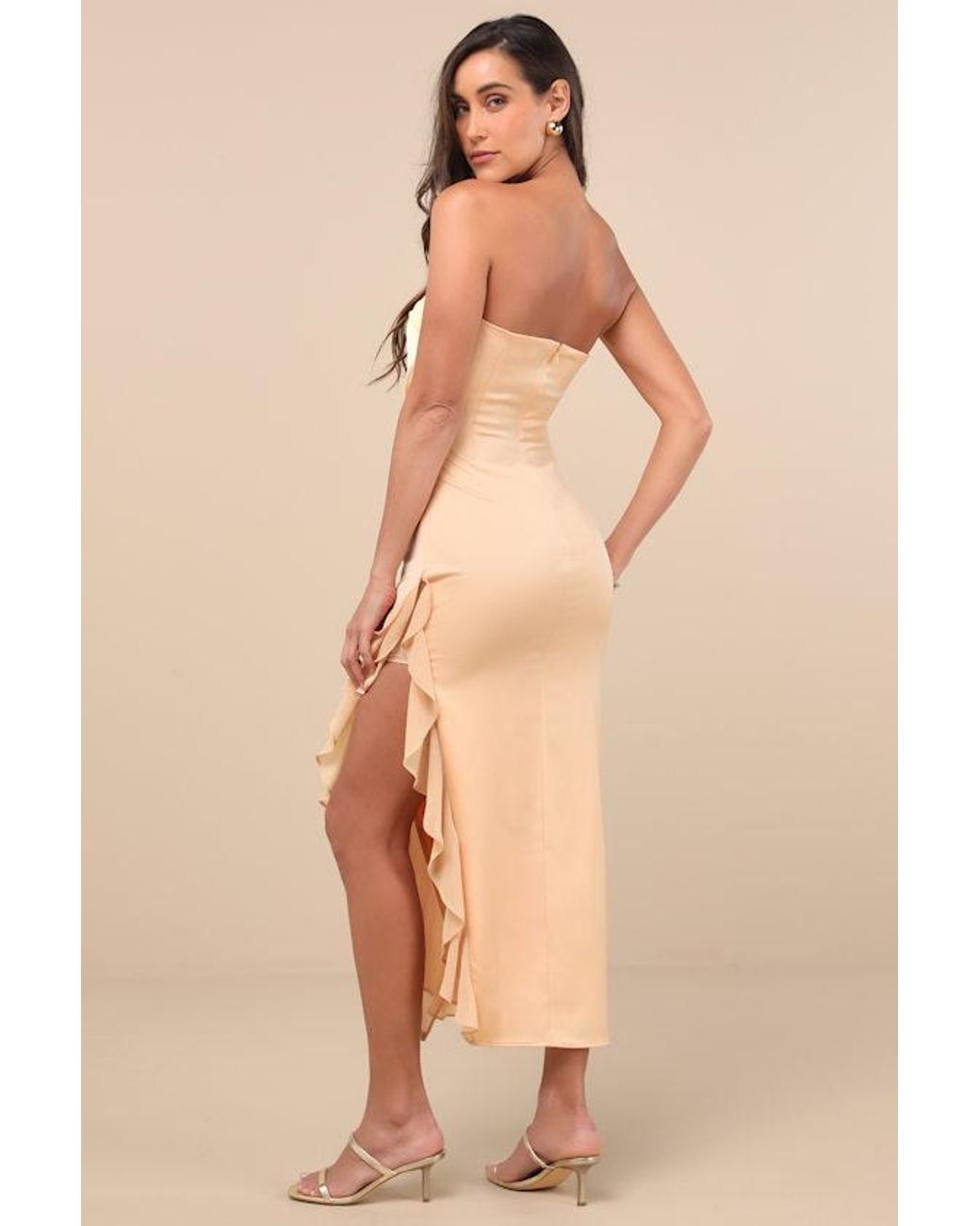 Lulus Natural Graceful Perfection Satin Ruffled Strapless Midi Dress