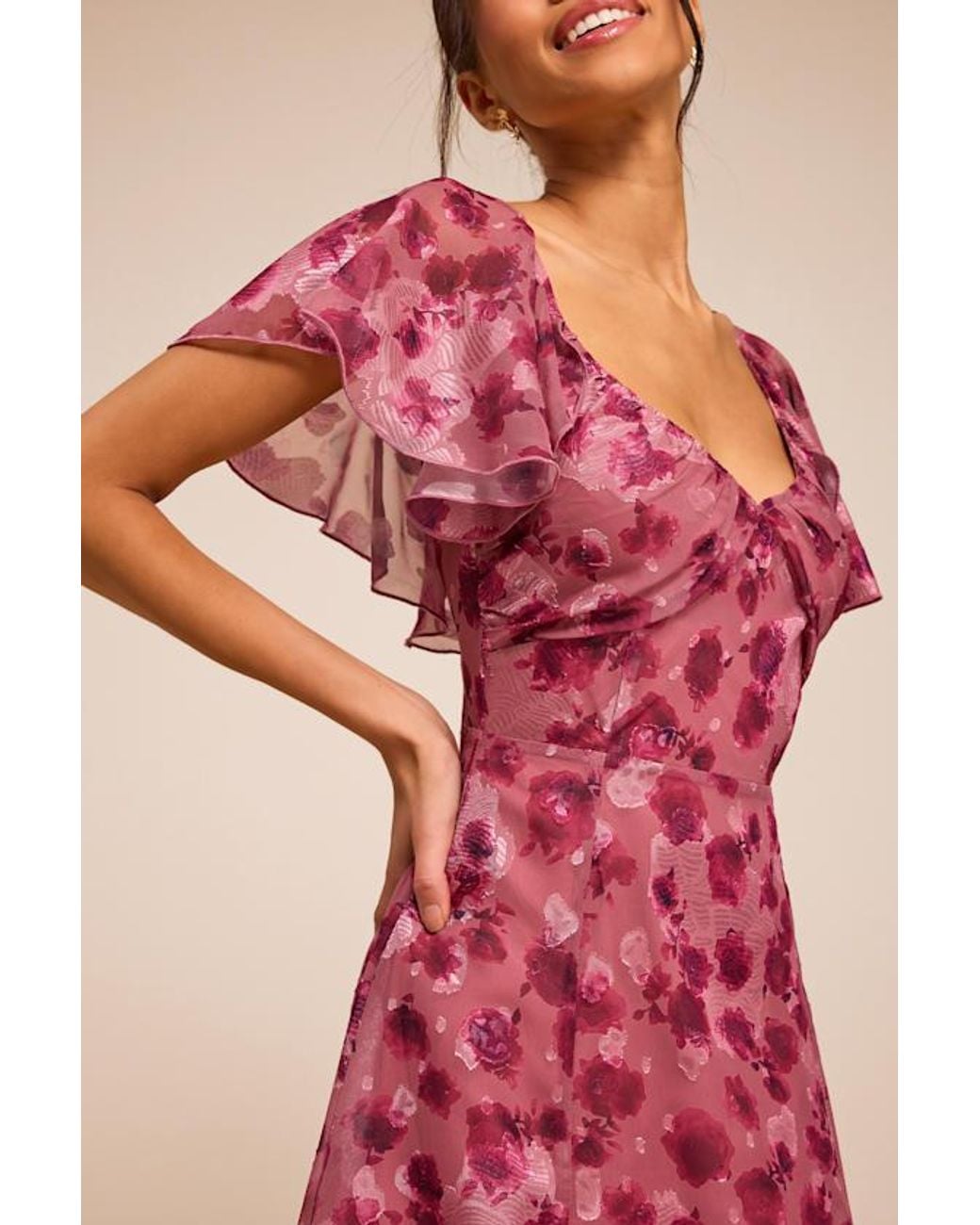 Lulus Pink Camillo Floral Jacquard Flutter Sleeve Midi Dress