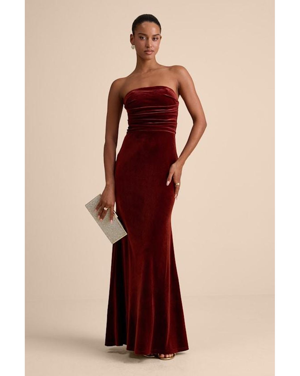Lulus Maren Rust Velvet Strapless Mermaid Maxi Dress in Red | Lyst
