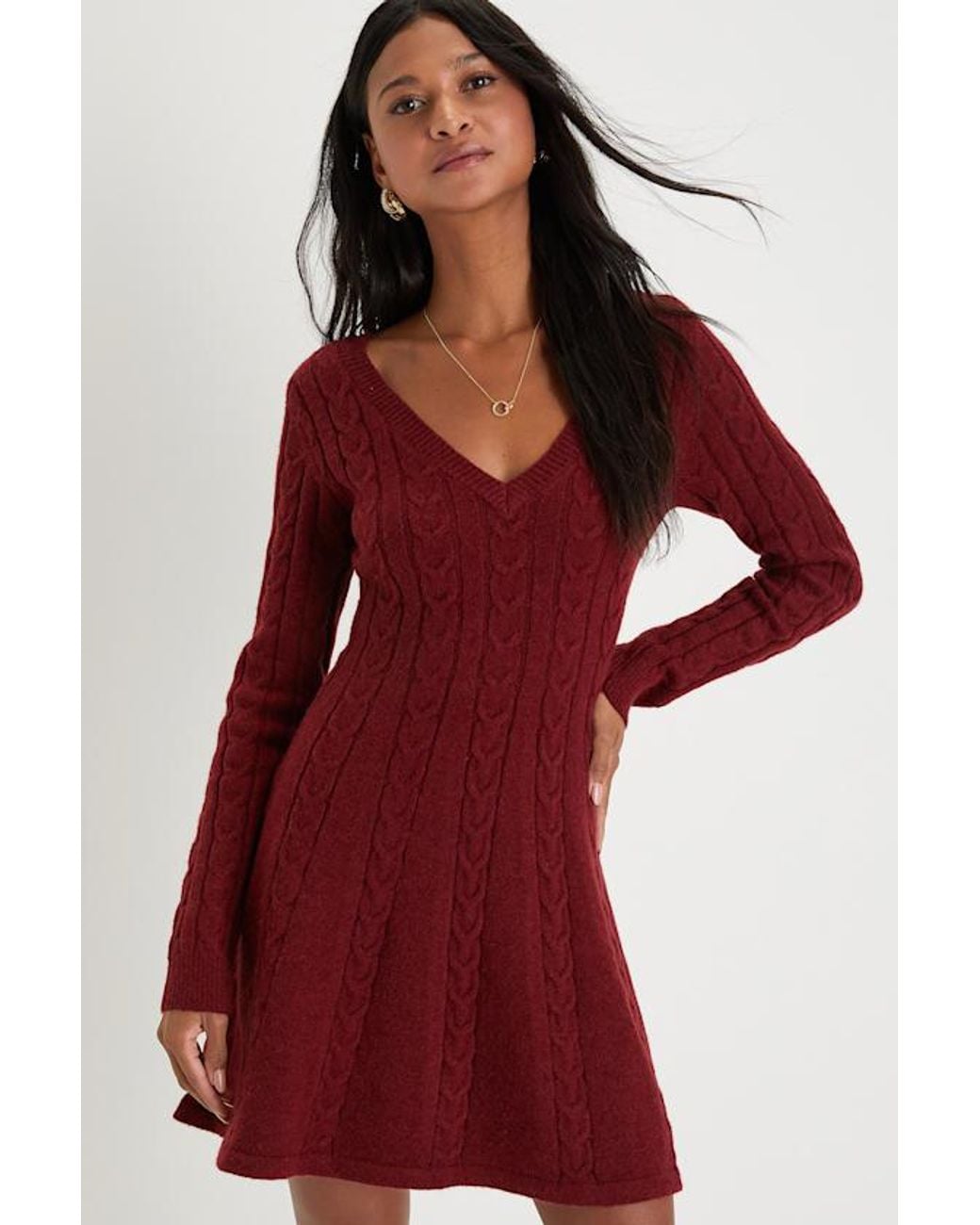 Lulus Red Sweetly Seasonal Cable Knit Sweater Mini Dress