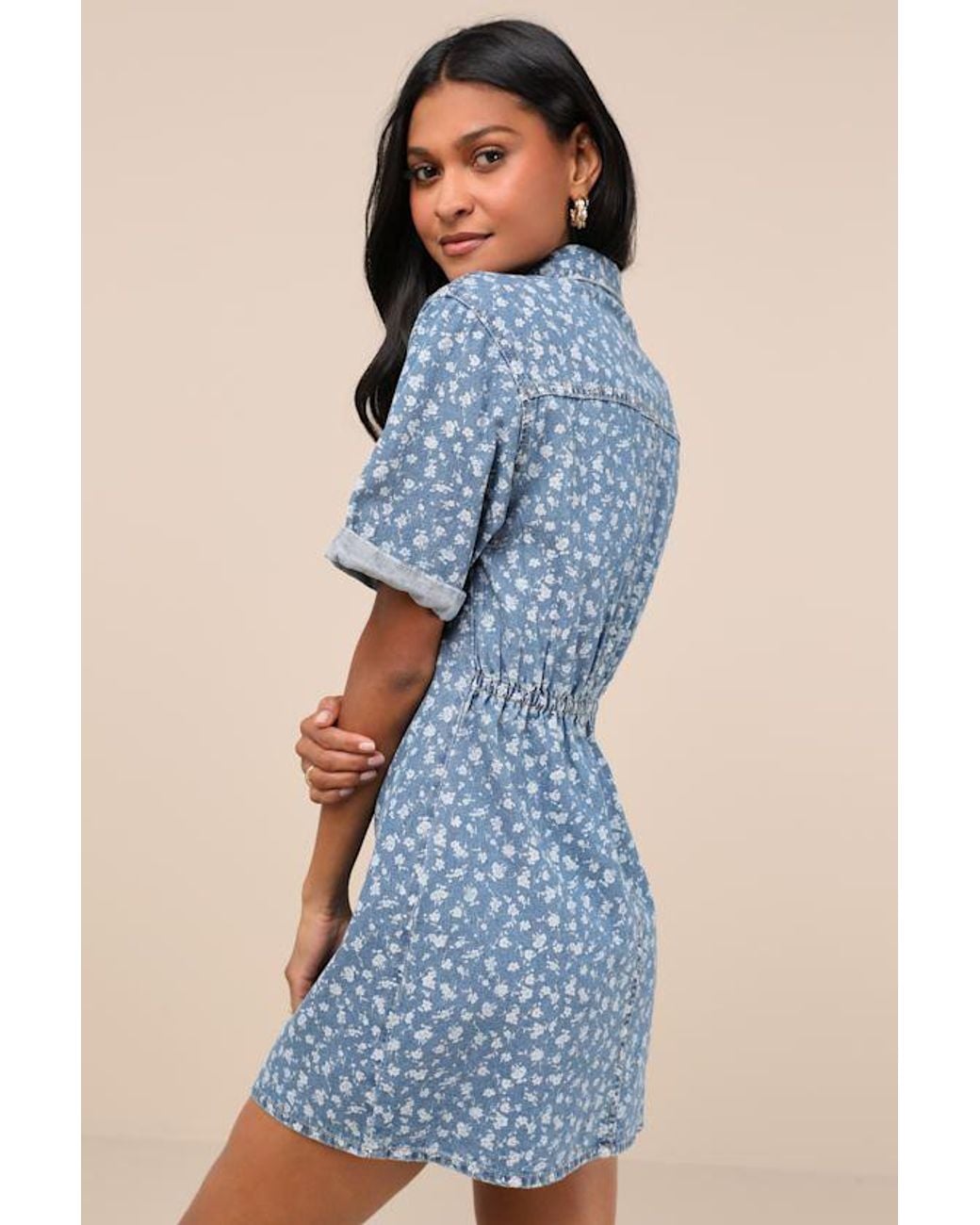 Lulus Blue Renske Light Wash Floral Print Denim Mini Dress