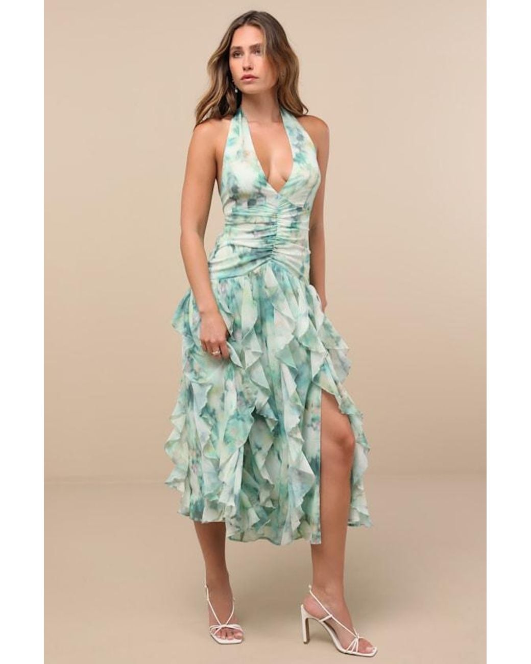 Lulus Green Febe Multi Abstract Halter Ruffled Midi Dress