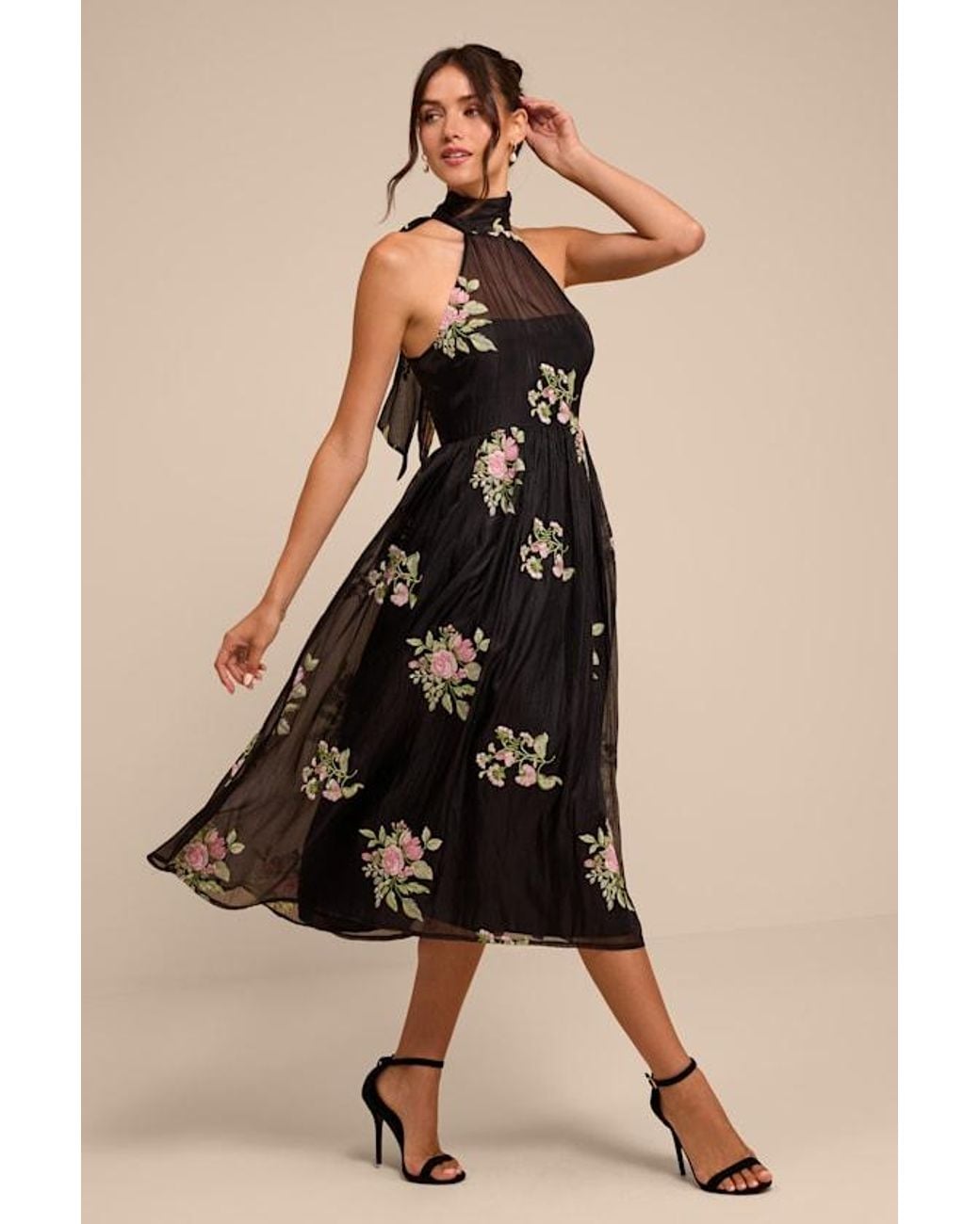 Lulus Black Kira Embroidered Halter Midi Dress