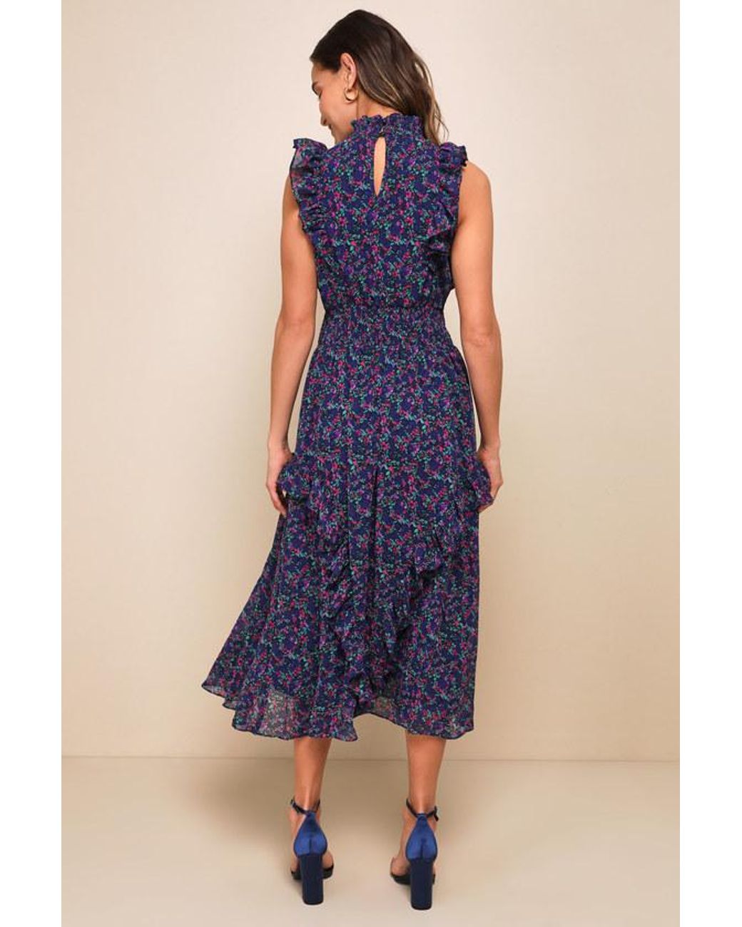 Lulus Blue Evalina Floral Print Mock Neck Midi Dress