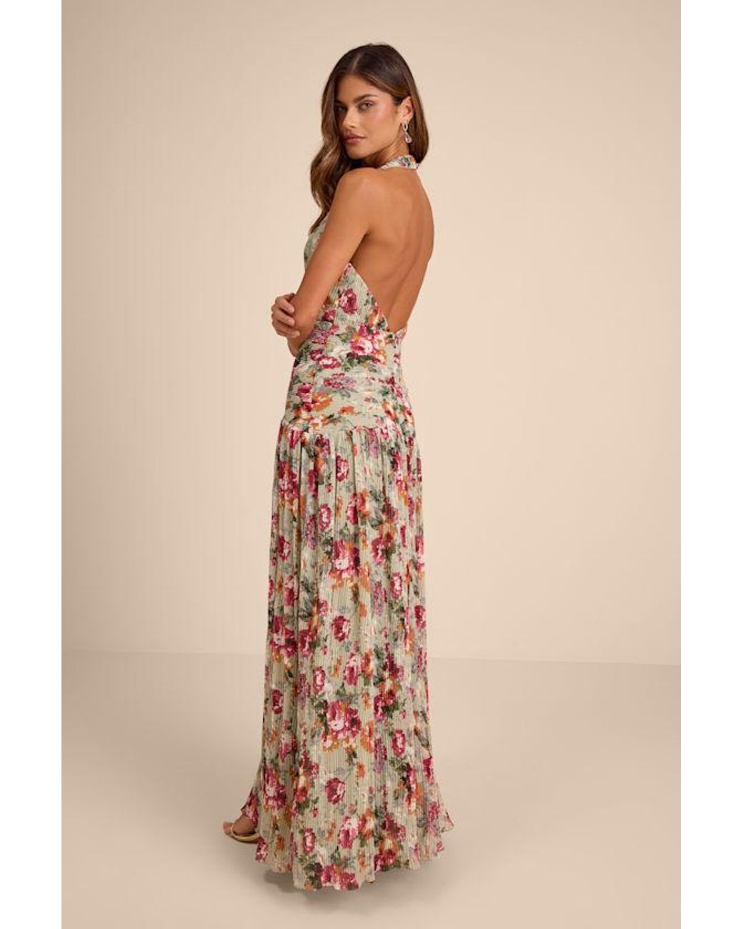 Lulus Natural Sylvanna Sage Floral Halter Drop Waist Maxi Dress