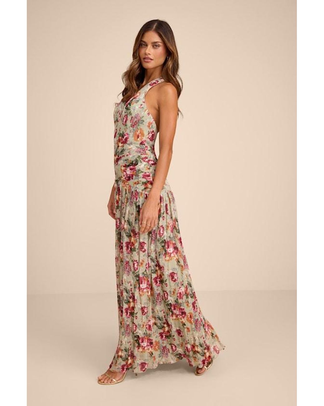 Lulus Natural Sylvanna Sage Floral Halter Drop Waist Maxi Dress
