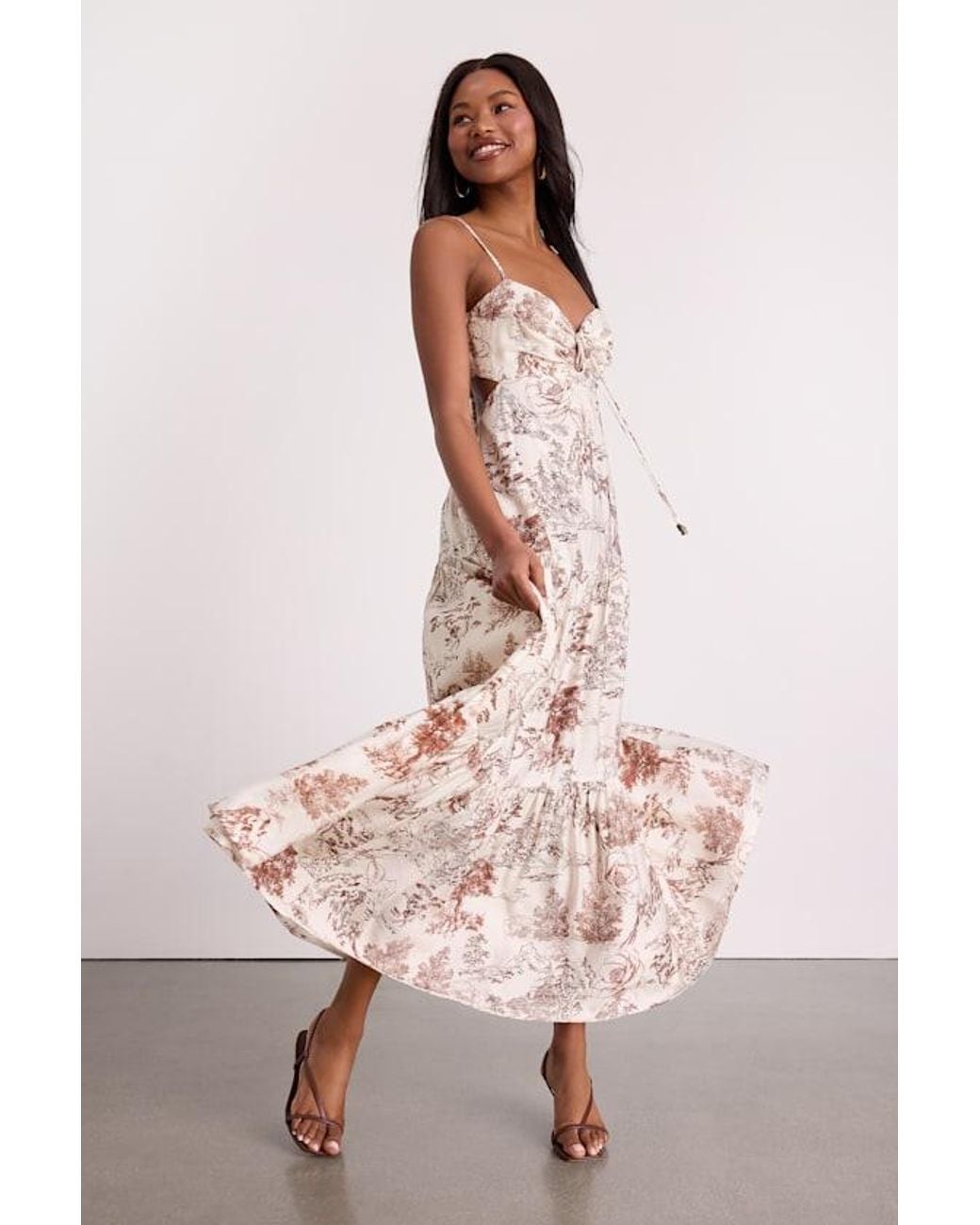 Lulus Pink Molana Cream Botanical Print Tiered Maxi Dress