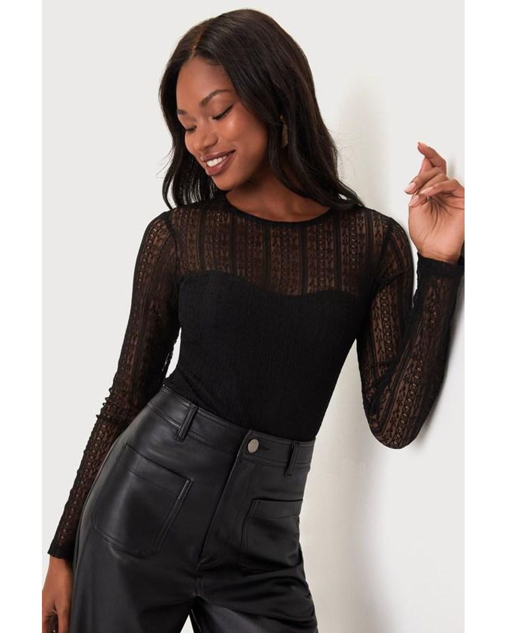 Lulus Black Sheer Passion Sheer Lace Long Sleeve Bodysuit