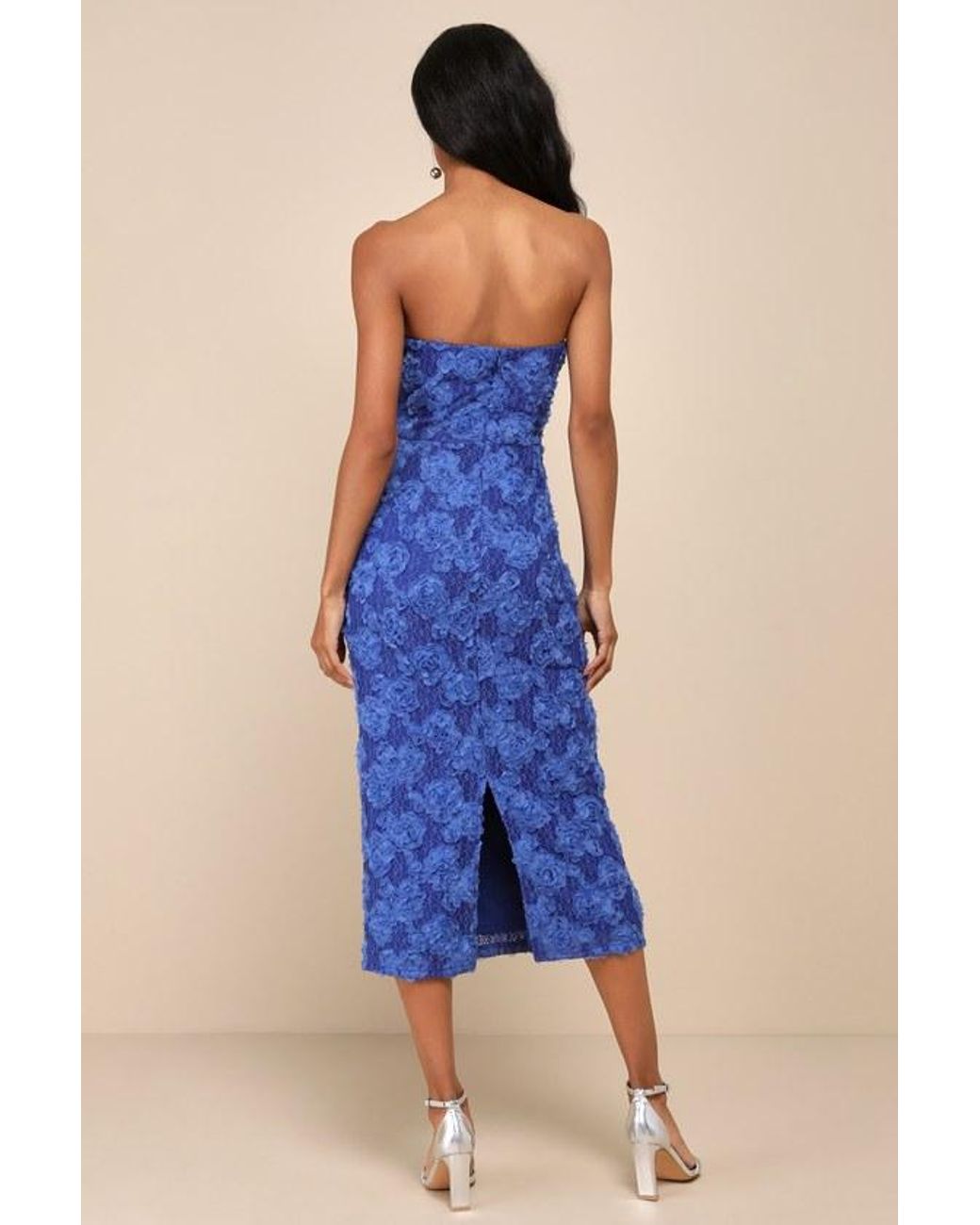 Lulus Blue Flawless Perfection Floral Applique Strapless Midi Dress