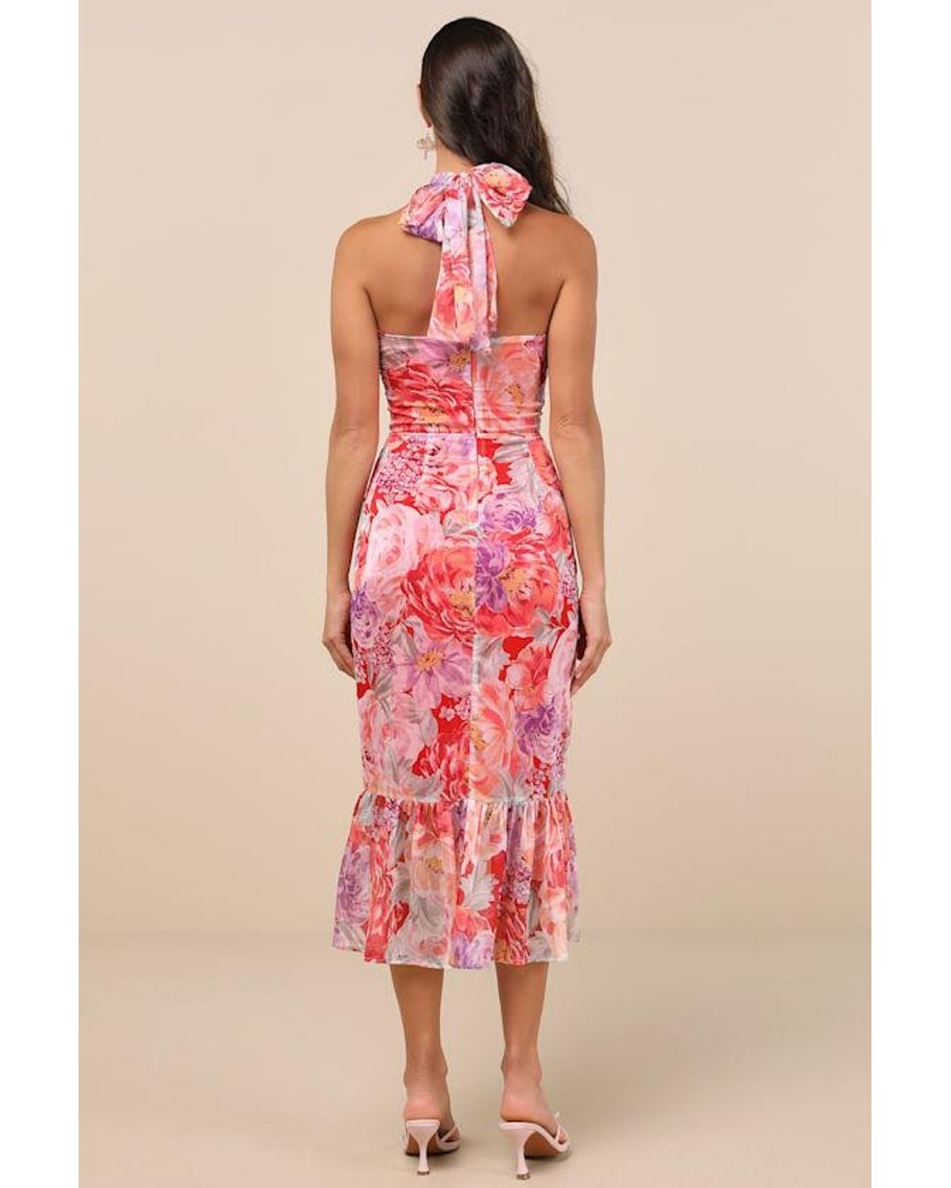 Lulus Pink Juno Multi Floral Halter Trumpet Midi Dress