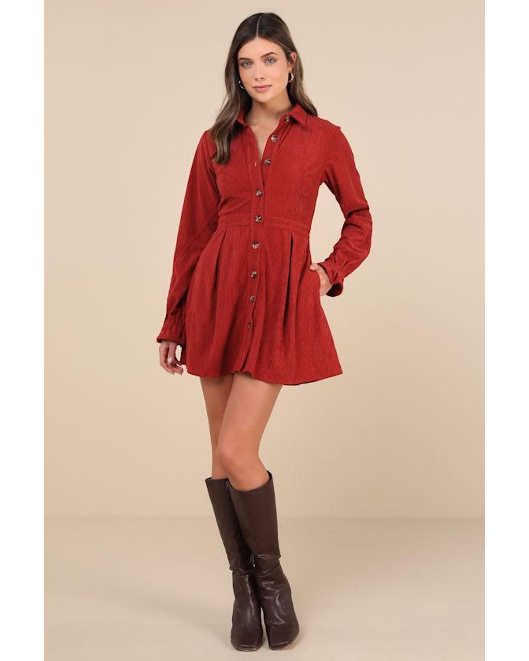 Lulus Red Autumn Mood Corduroy Mini Dress With Pockets
