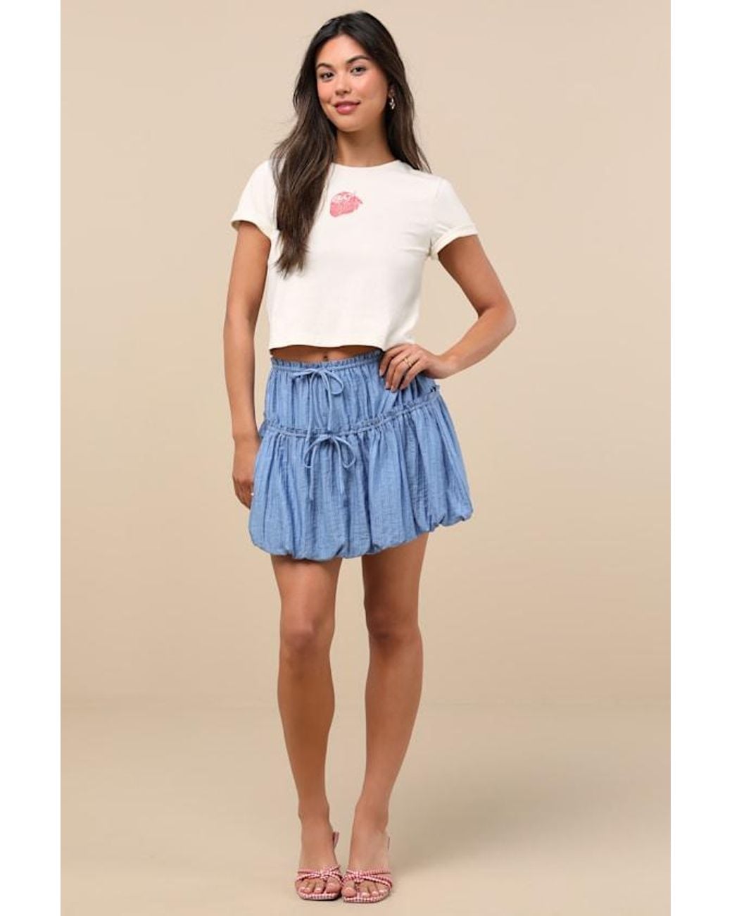 Lulus Blue Kirsty Striped Tiered Drawstring Bubble-Hem Mini Skirt