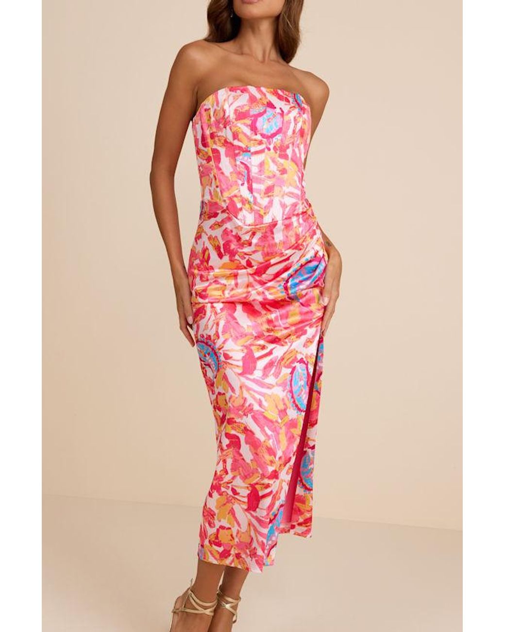 Lulus Pink Deasia Multi Floral Bustier Midi Dress