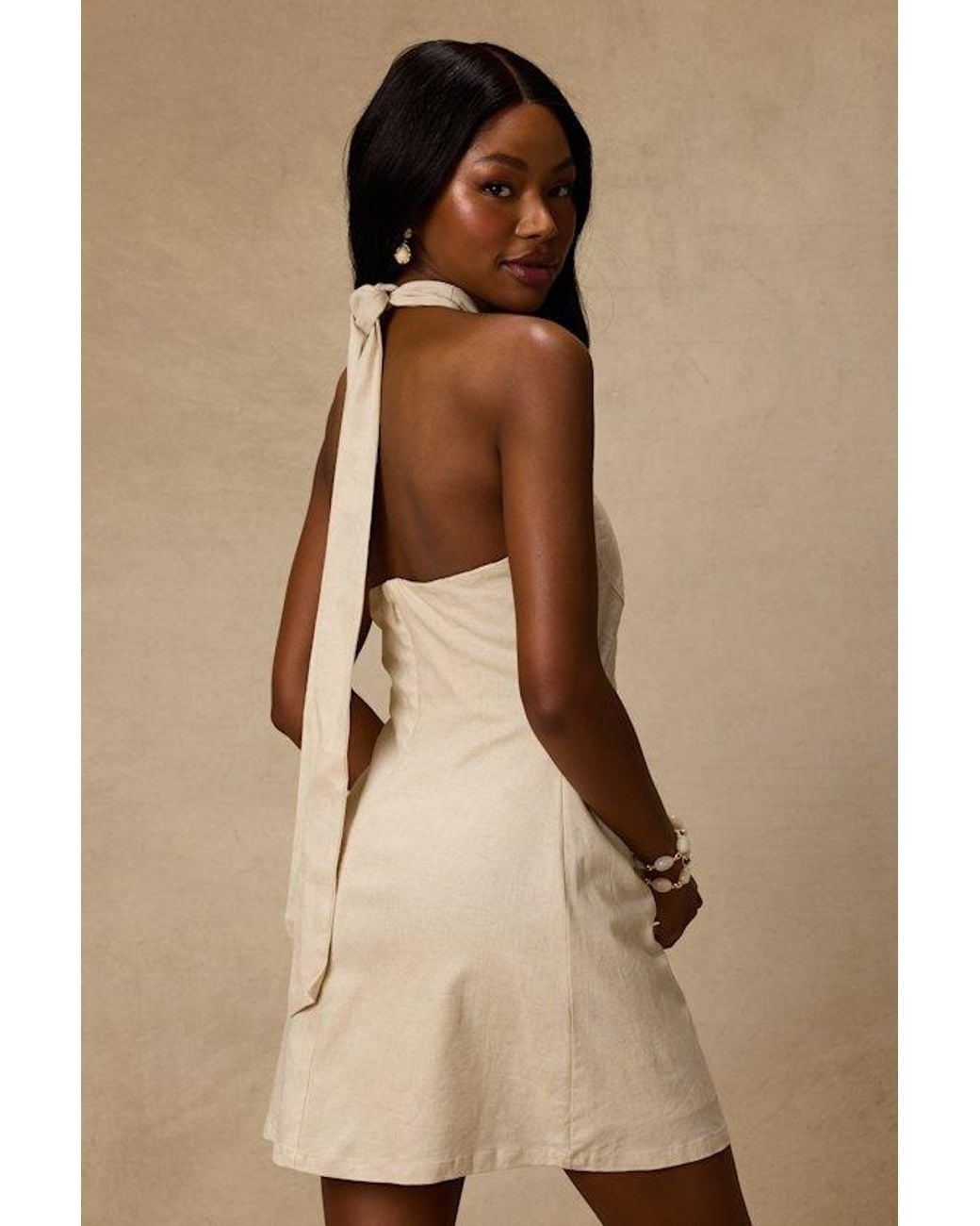 Lulus Natural Alette Light Cross-Front Halter Mini Dress