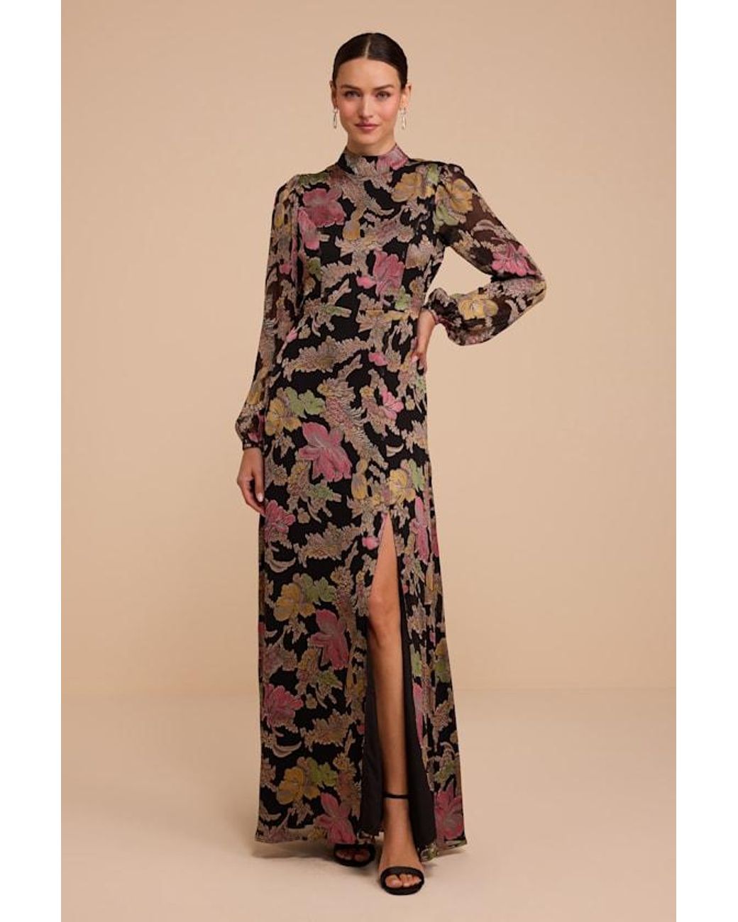 Lulus Natural Ines Floral Long Sleeve Maxi Dress