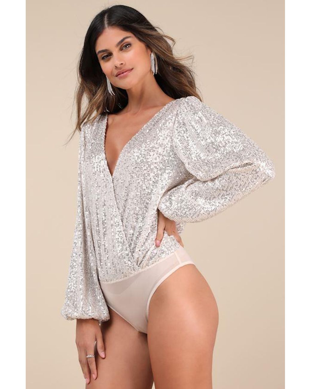 Lulus White Evening Of Wonder Sequin Long Sleeve Bodysuit