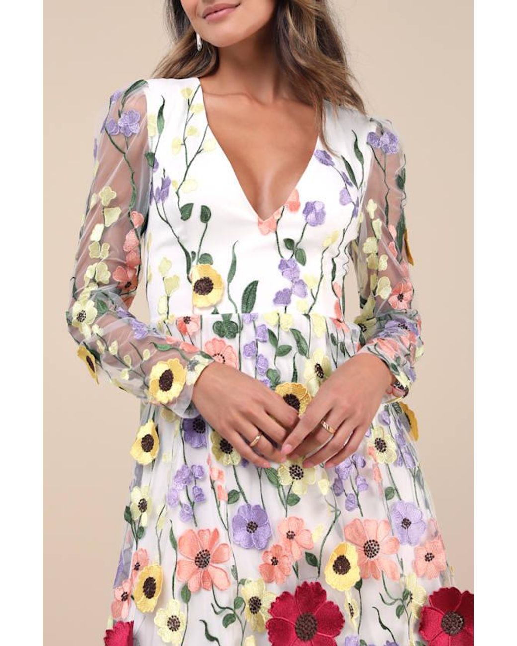 Lulus Impressive Blossom 3D Floral Embroidered Midi Dress in Natural | Lyst