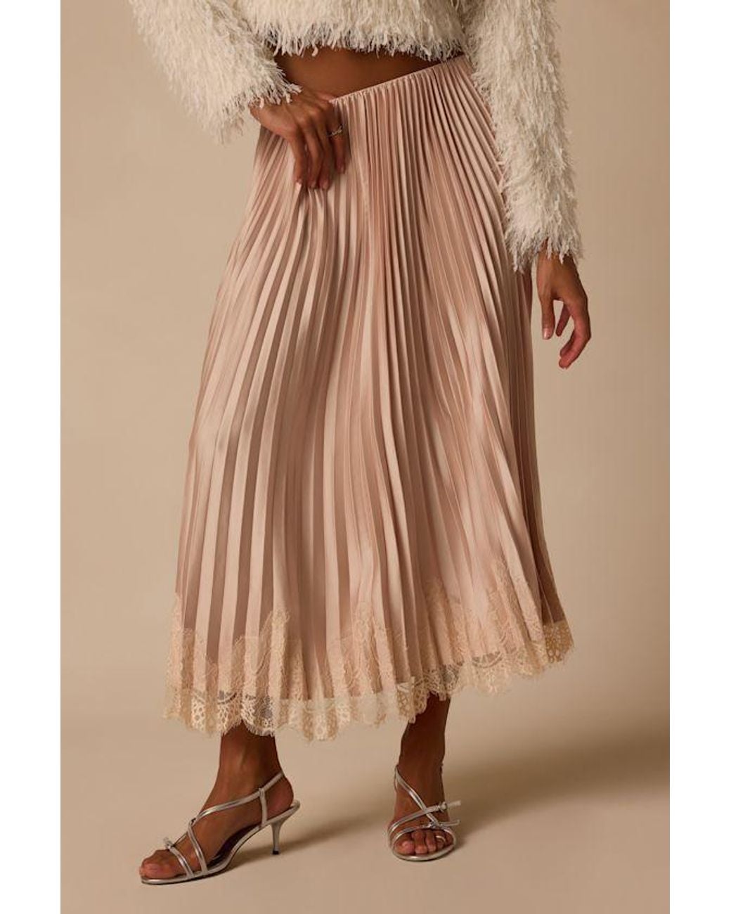 Lulus Natural Delancey Pleated Satin Midi Skirt