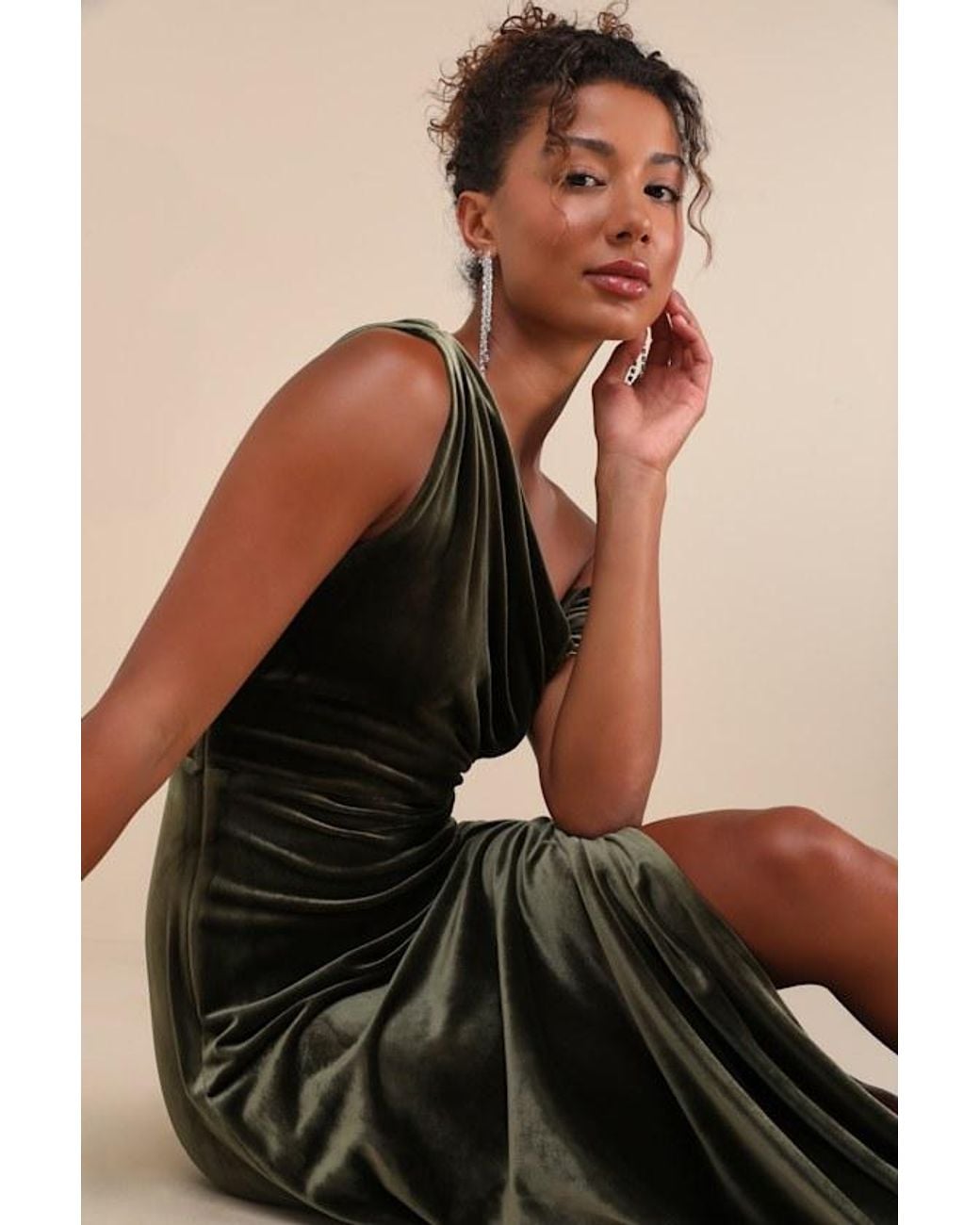 Lulus Natural Coveted Confidence Velvet Asymmetrical Maxi Dress