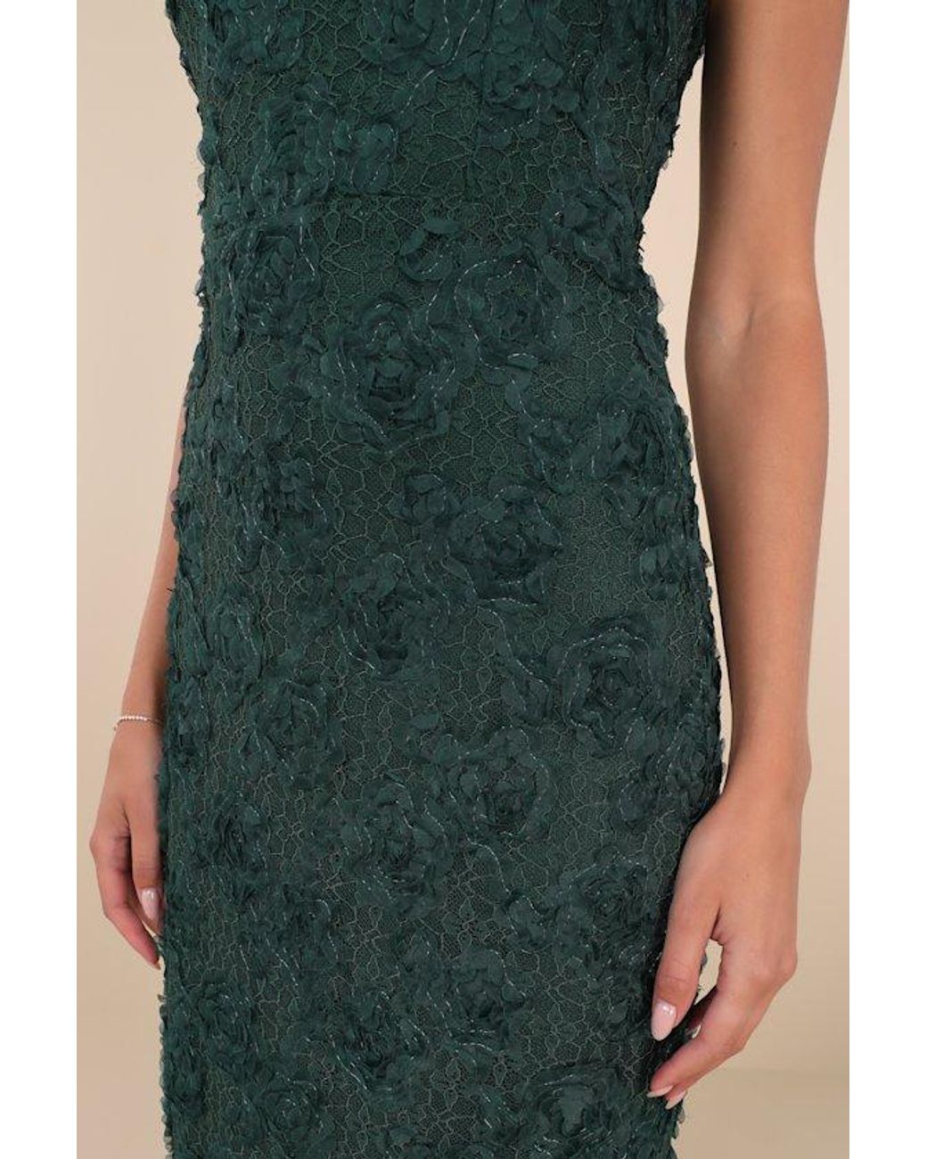 Lulus Green Flawless Perfection Emerald Floral Applique Strapless Midi Dress