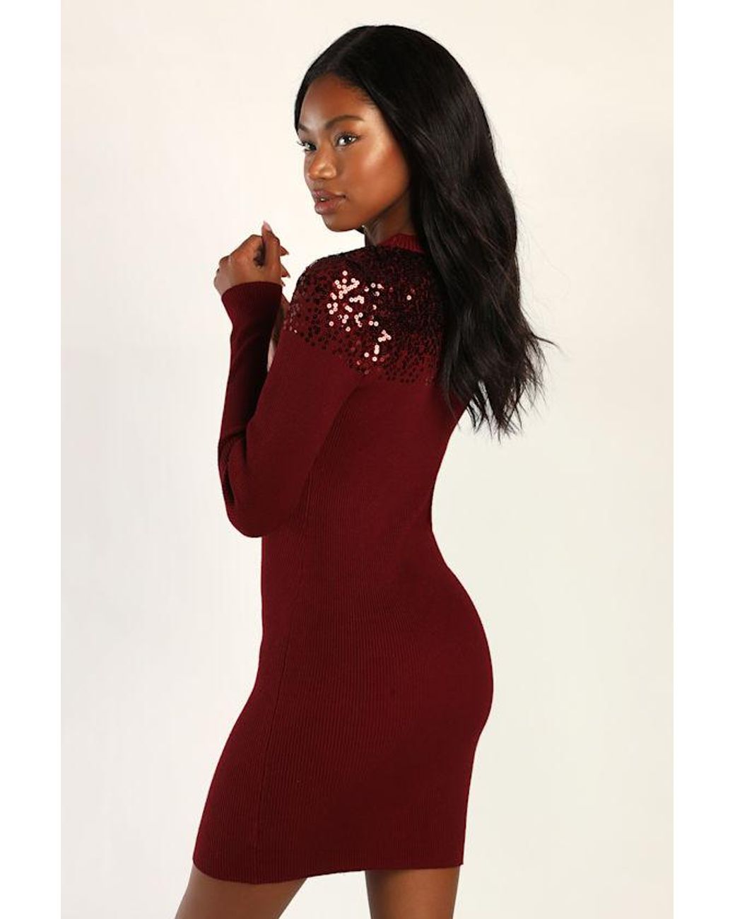 Lulus Red Snow Stopper Ribbed Sequin Mini Sweater Dress