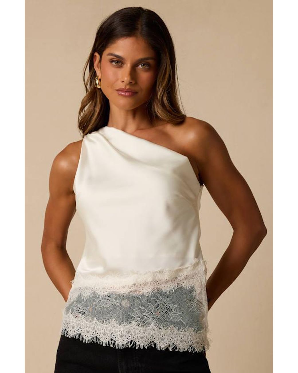 Lulus Brown Aris Satin Lace One-Shoulder Top