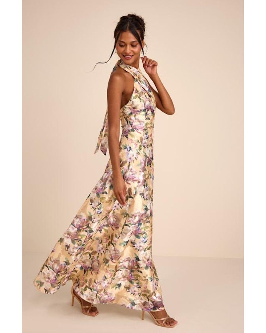 Lulus Natural Samana Multi Floral Cross-Front Maxi Dress