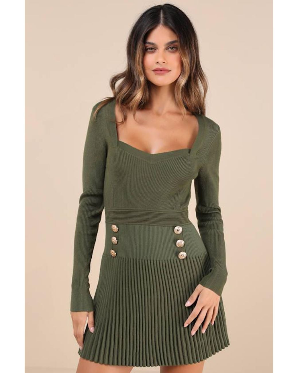Lulus Green Chicest Crush Ribbed Long Sleeve Mini Sweater Dress