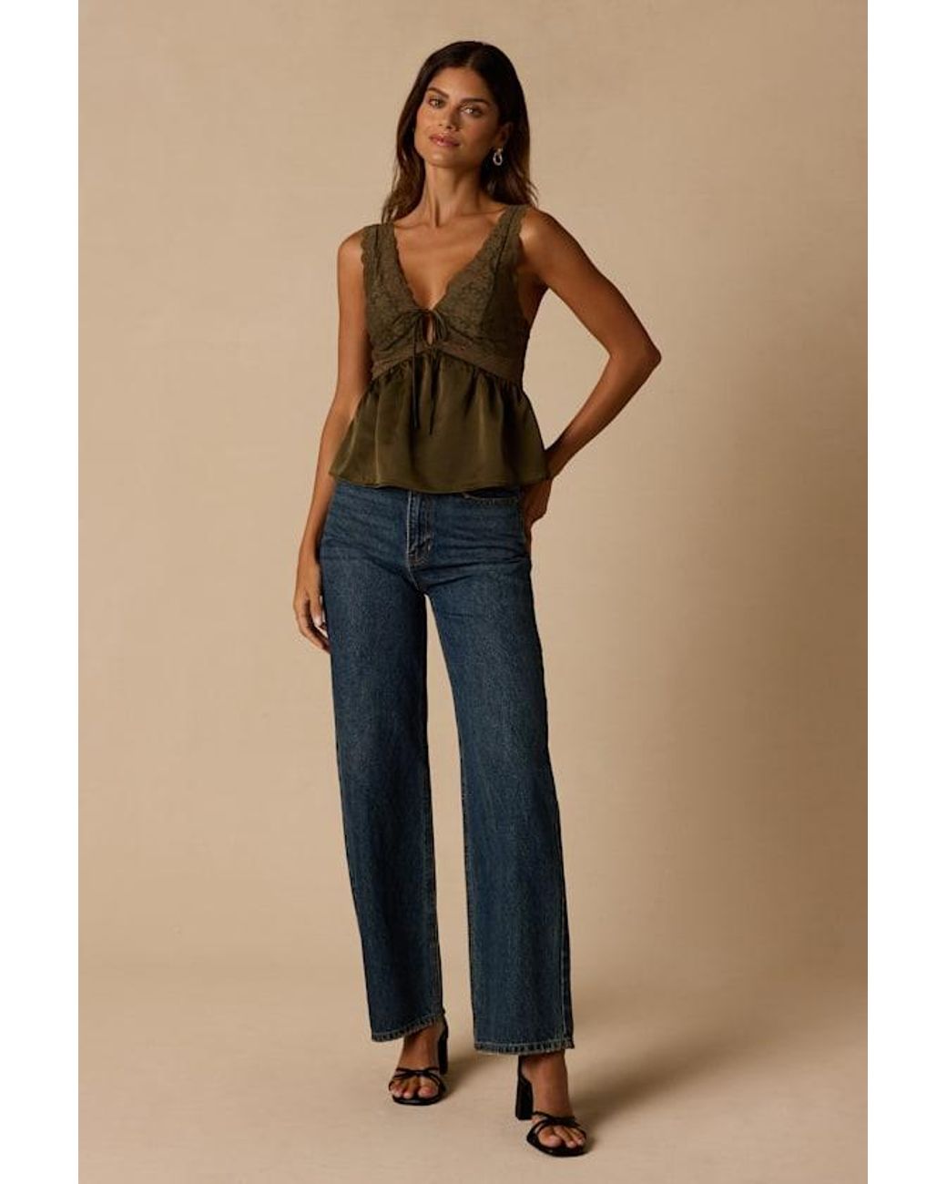 Lulus Brown Ynez Satin Lace Babydoll Tank Top