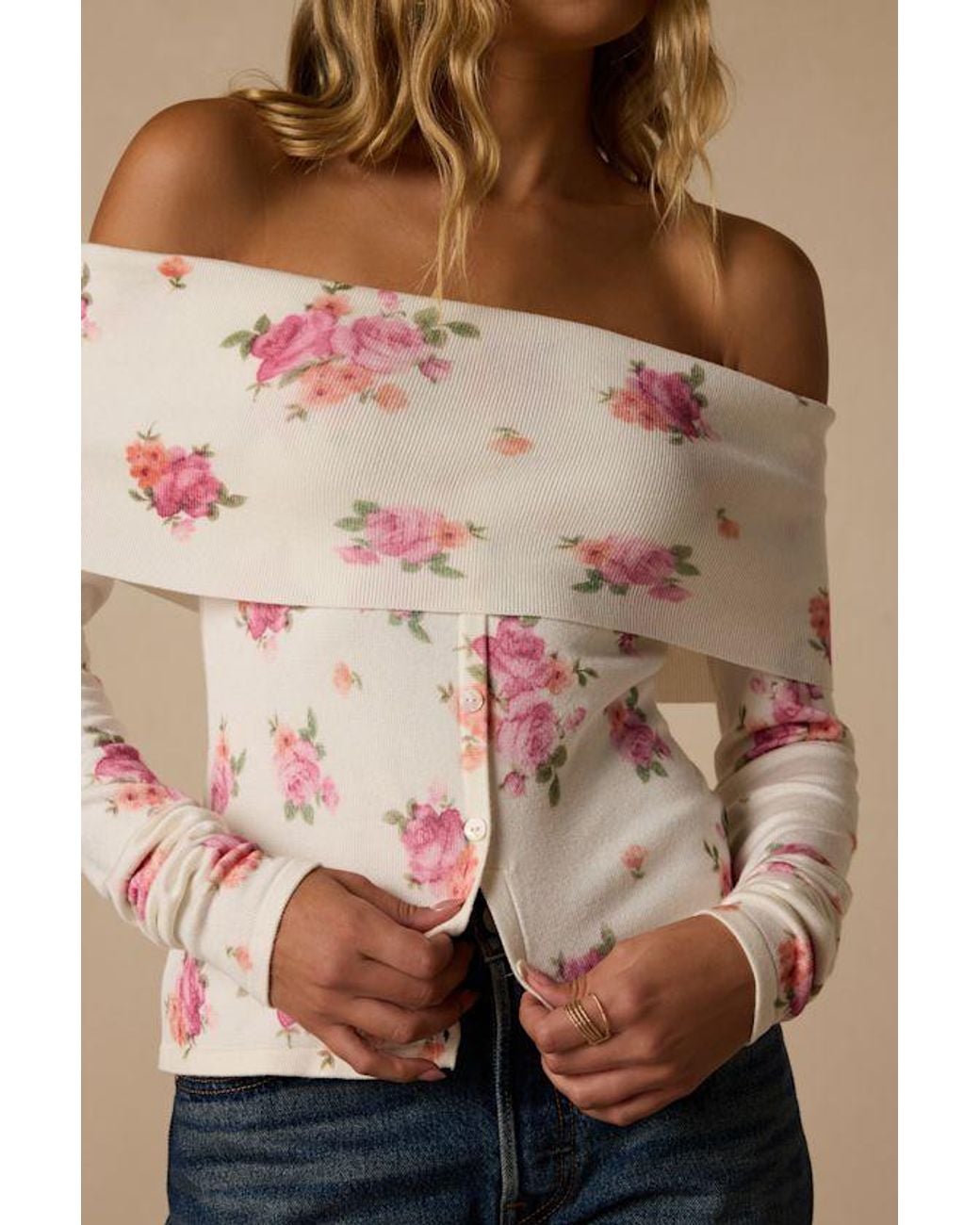 Lulus White Prina Rose Print Off-The-Shoulder Sweater Top