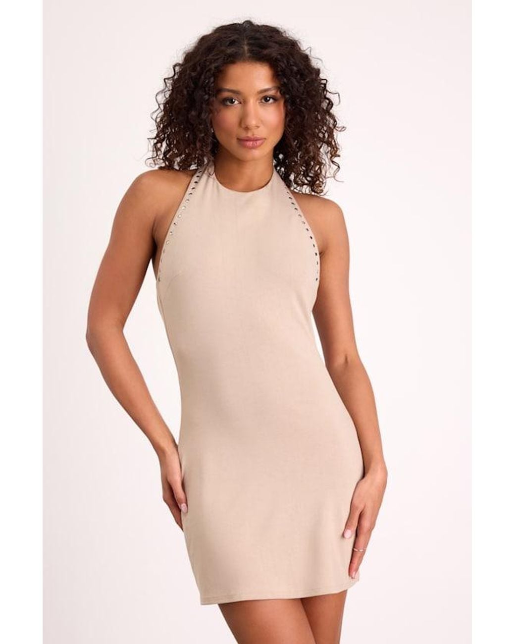Lulus Natural Samira Jersey Knit Studded Mini Dress