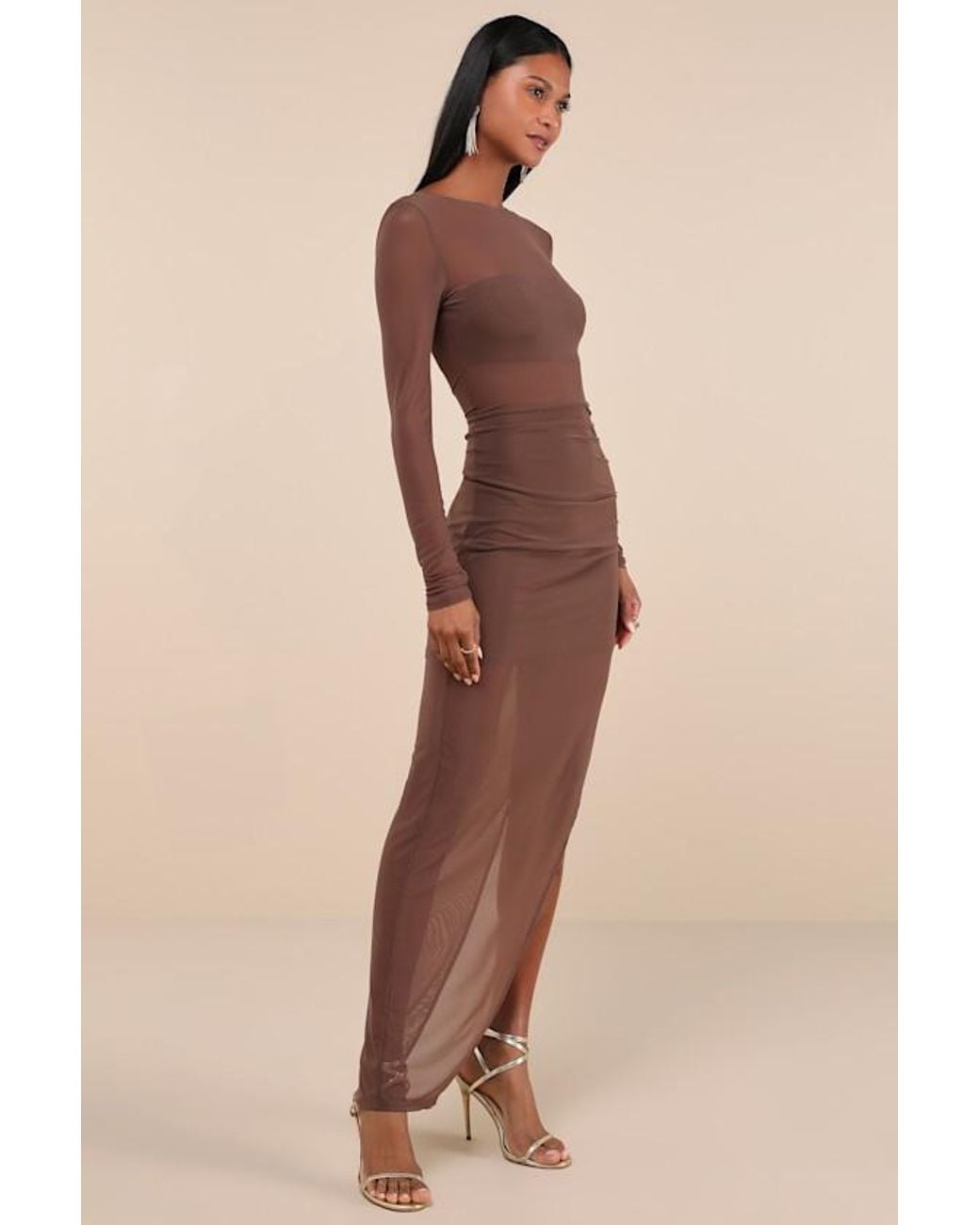 Lulus Natural Alluring Silhouette Dark Sheer Mesh Backless Maxi Dress
