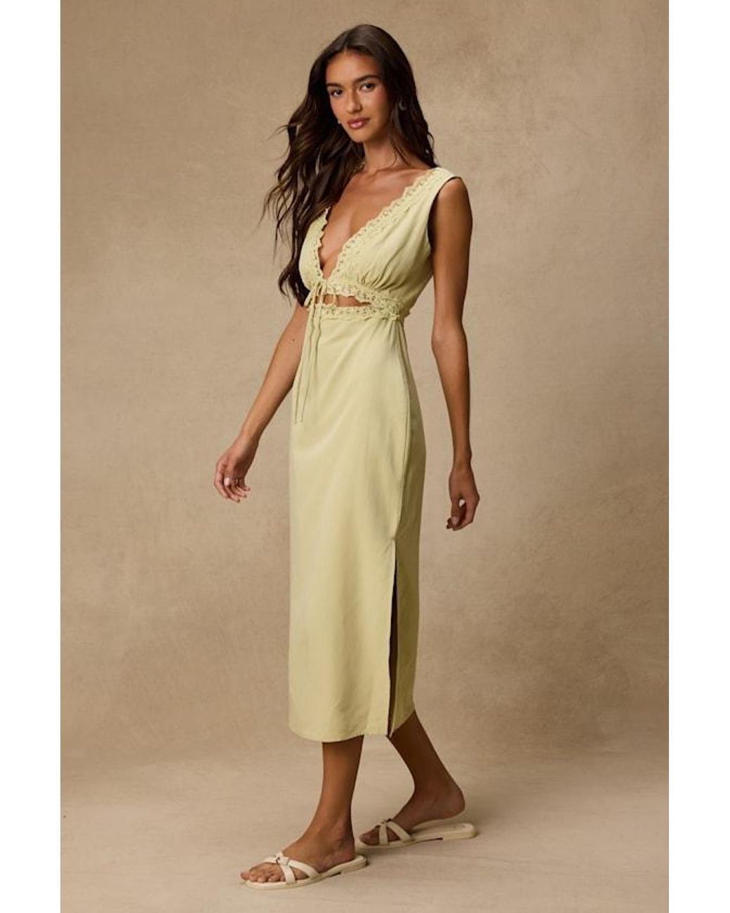 Lulus Natural Connie Light Chartreuse Lace Tie-Front Midi Dress