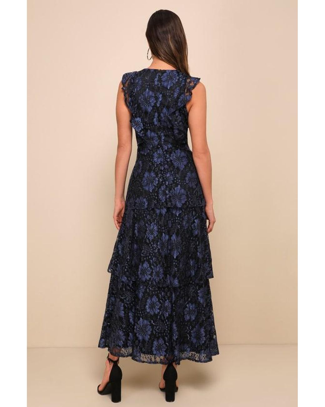 Lulus Blue Molinetto Lace Ruffled Tiered Sleeveless Maxi Dress