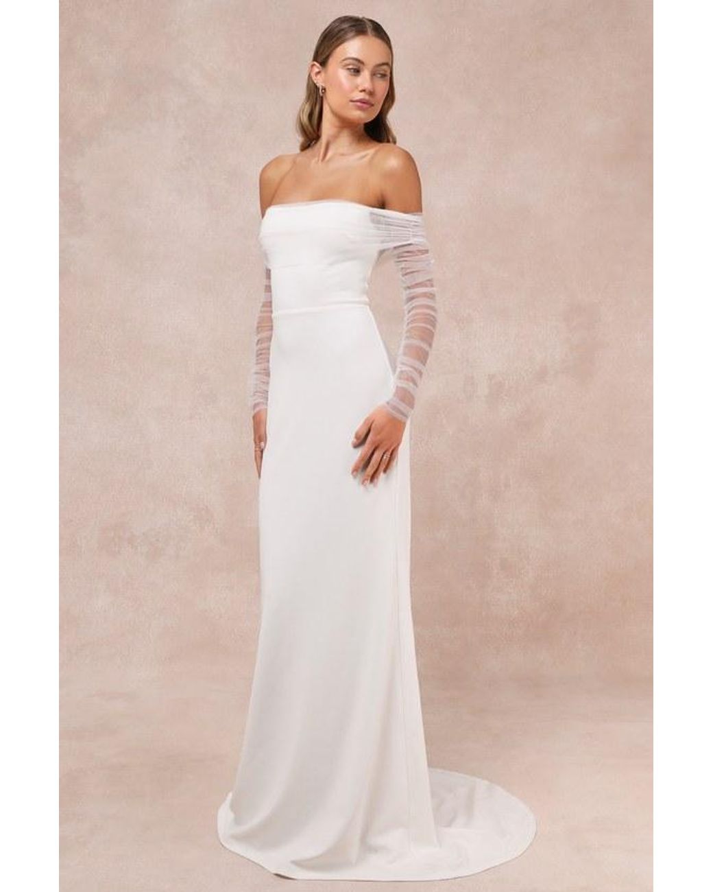 Lulus Natural Beautifully Beloved Mesh Off-The-Shoulder Maxi Dress