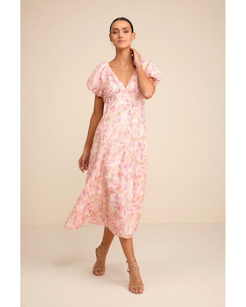Lulus Pink Arleth And Floral Puff Sleeve Midi Dress