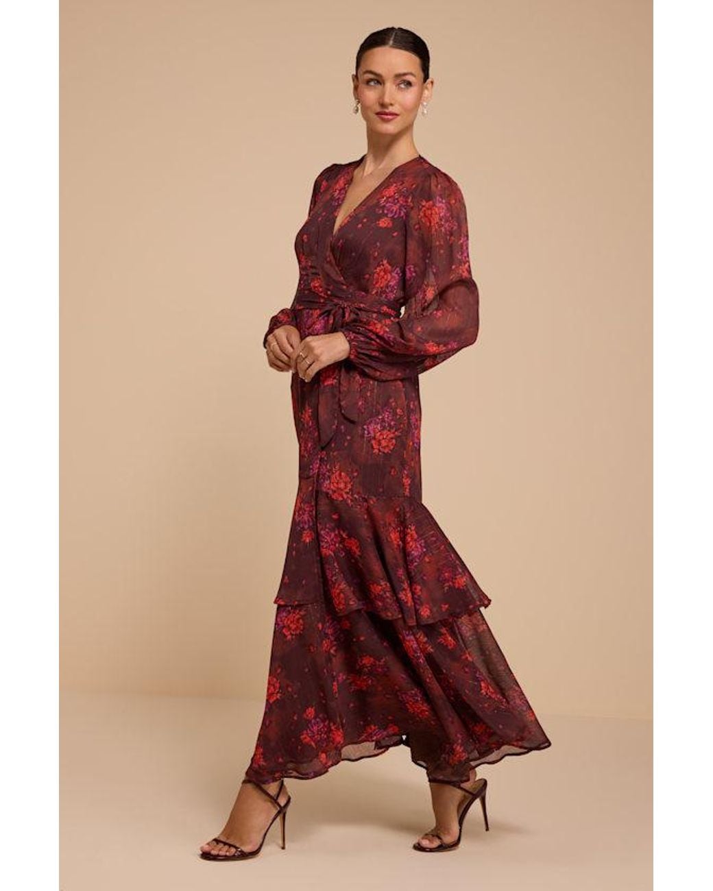 Lulus Red Gianno Floral Print Wrap Midi Dress