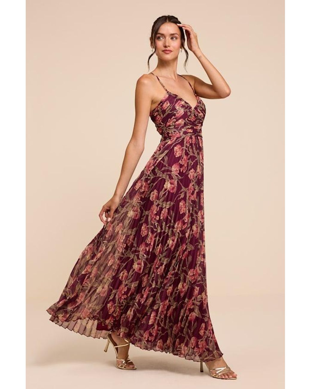 Lulus Red Rebena Plum Multi Floral Pleated Maxi Dress
