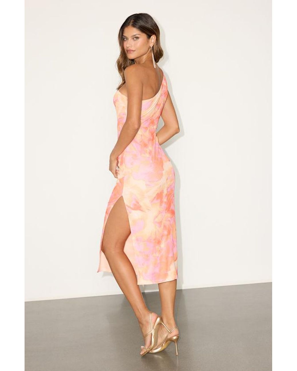 Lulus Pink Ismerida And Abstract Mesh One-Shoulder Midi Dress
