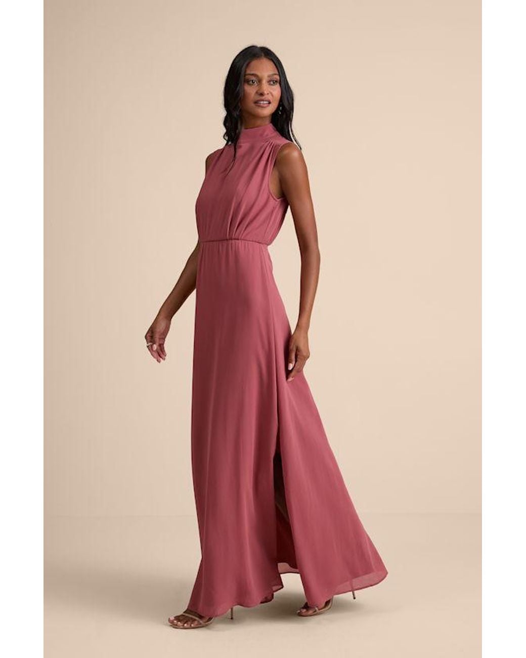 Lulus Red Classic Elegance Rusty Rose Sleeveless Mock Neck Maxi Dress