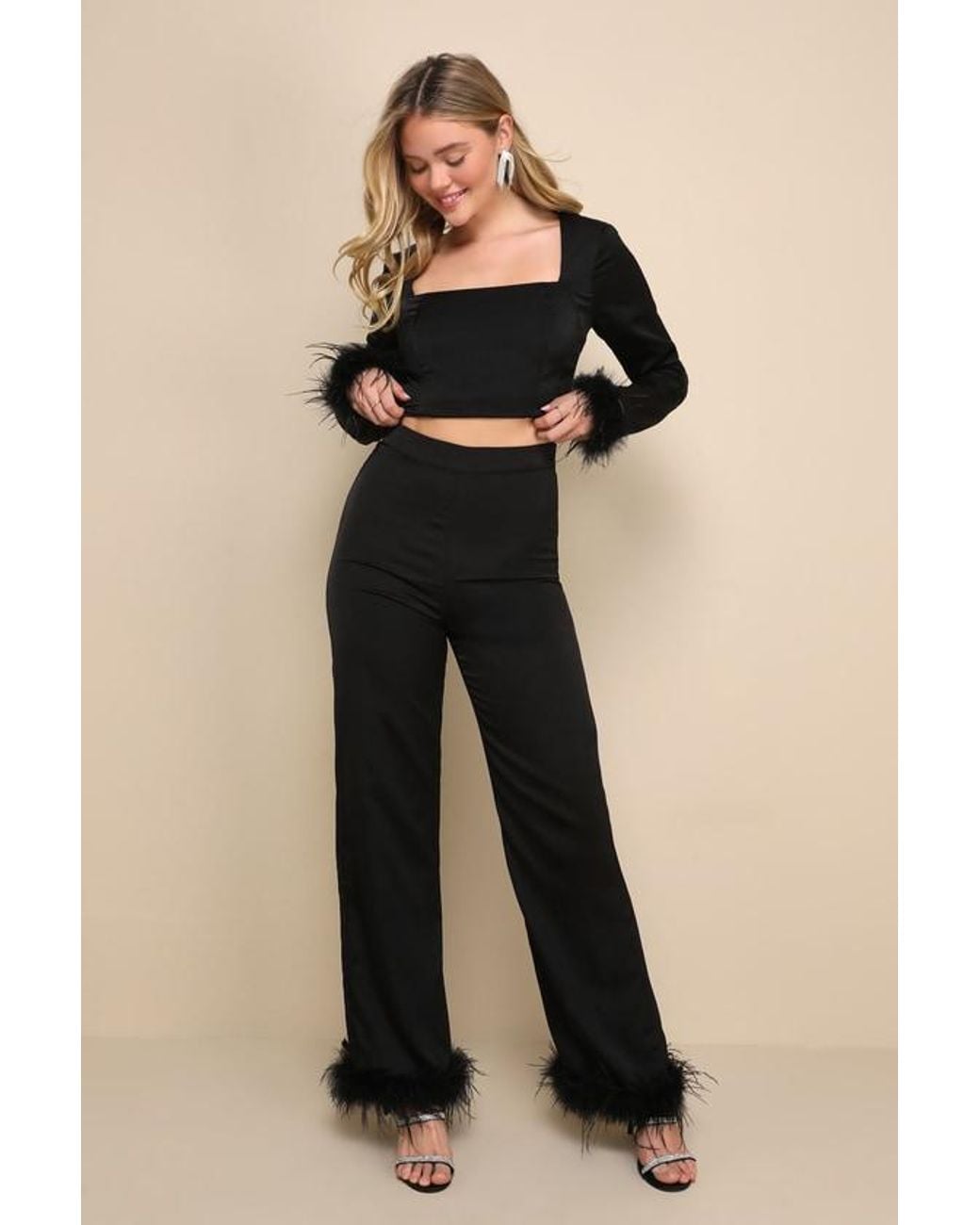 Lulus Black Premium Aura Satin Feather Long Sleeve Crop Top