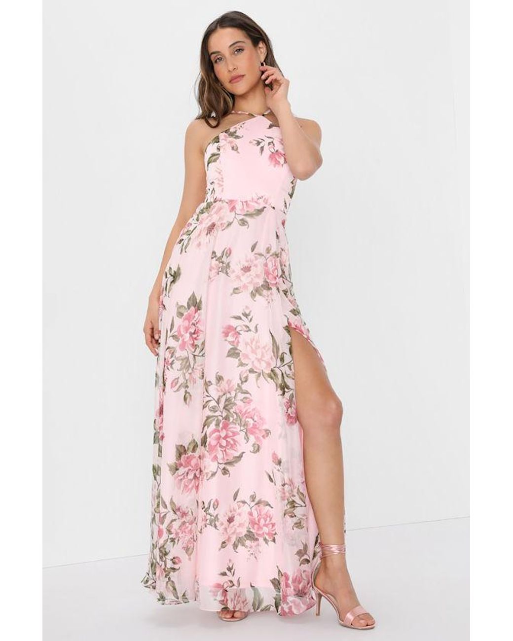 Lulus Pink Romantic Marvel Floral Print Halter Neck Maxi Dress