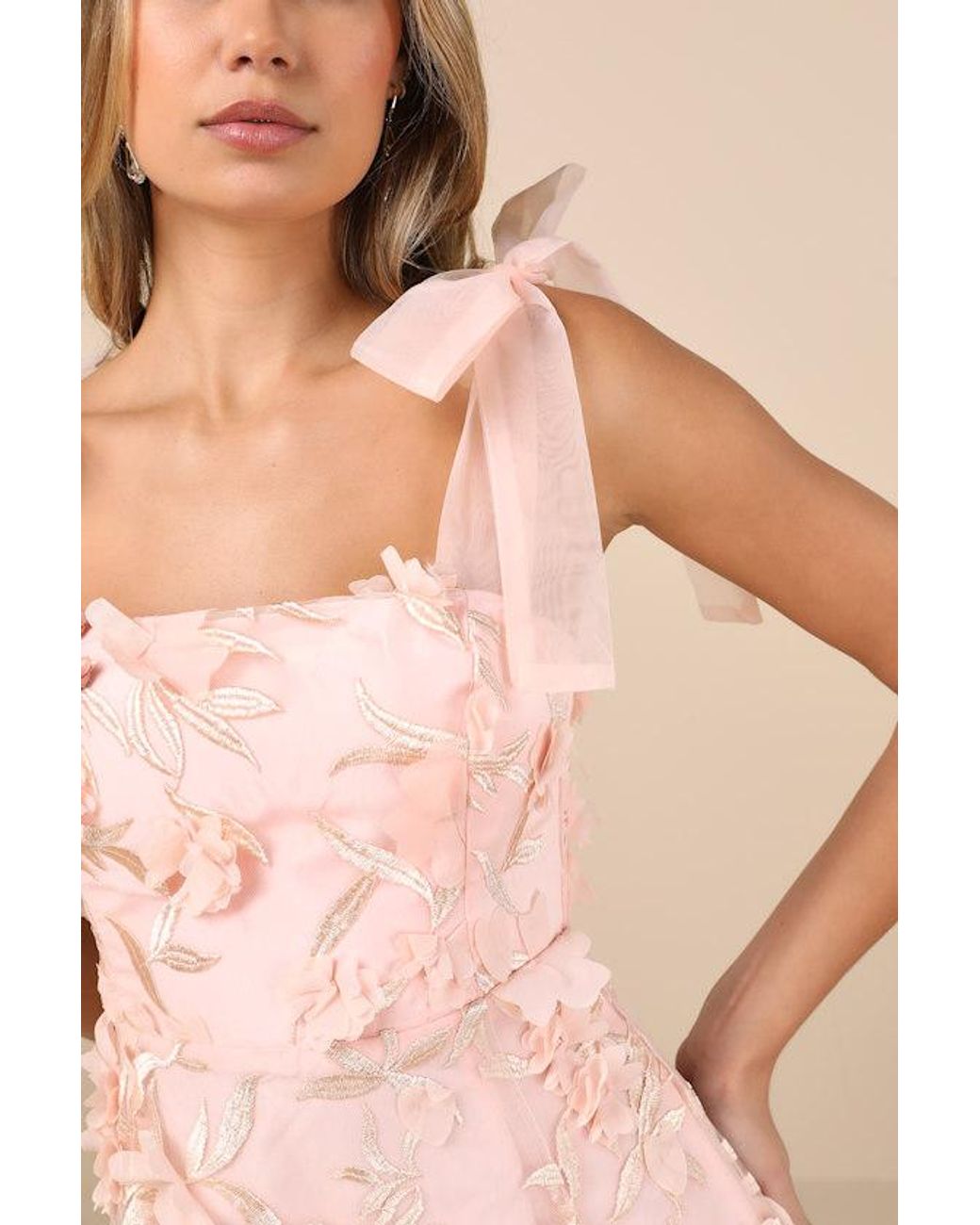 Lulus Natural Effortlessly Sweet Blush Tulle 3D Floral Tie-Strap Midi Dress