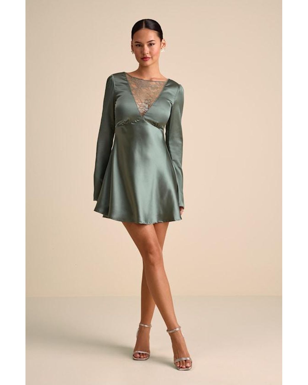 Lulus Green Emberlyn Satin Lace Long Sleeve Mini Dress