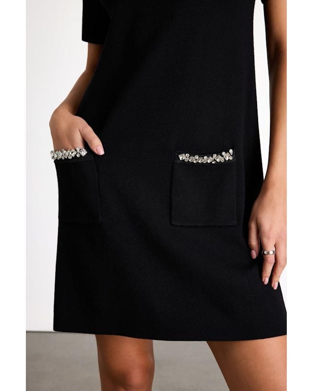 Lulus Black Hila Rhinestone Crew Neck Shift Sweater Dress