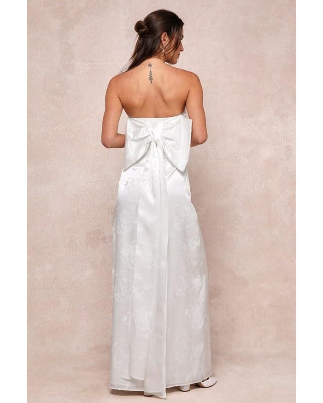 Lulus Natural Avid Elegance Satin Jacquard Strapless Bow Maxi Dress