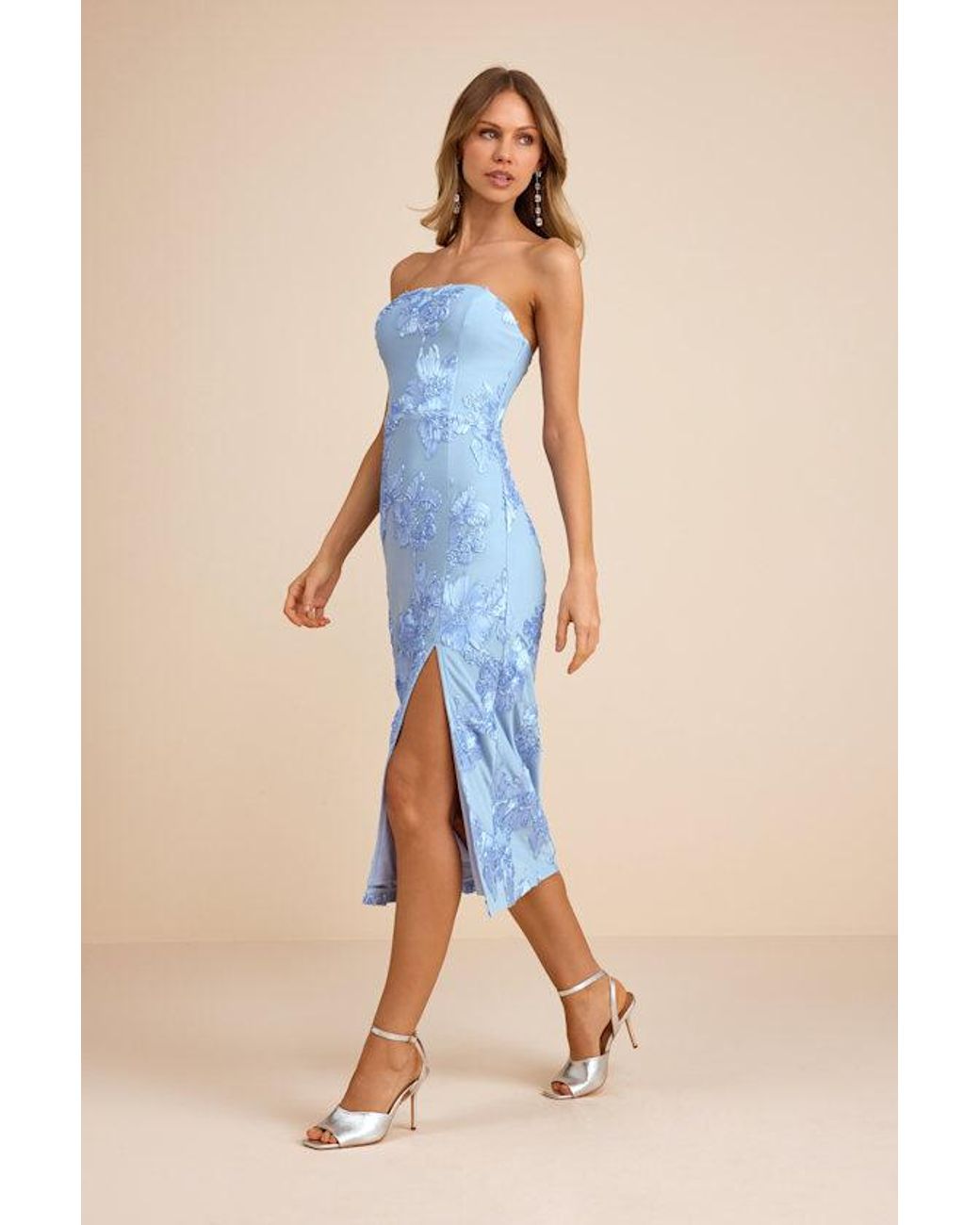 Lulus Blue Kattalin Floral Applique Strapless Midi Dress