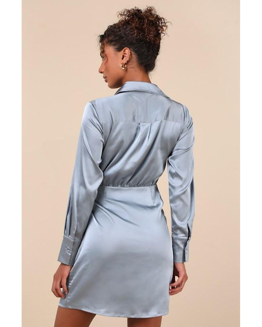 Lulus Blue Painterly Perfection Satin Wrap Mini Dress