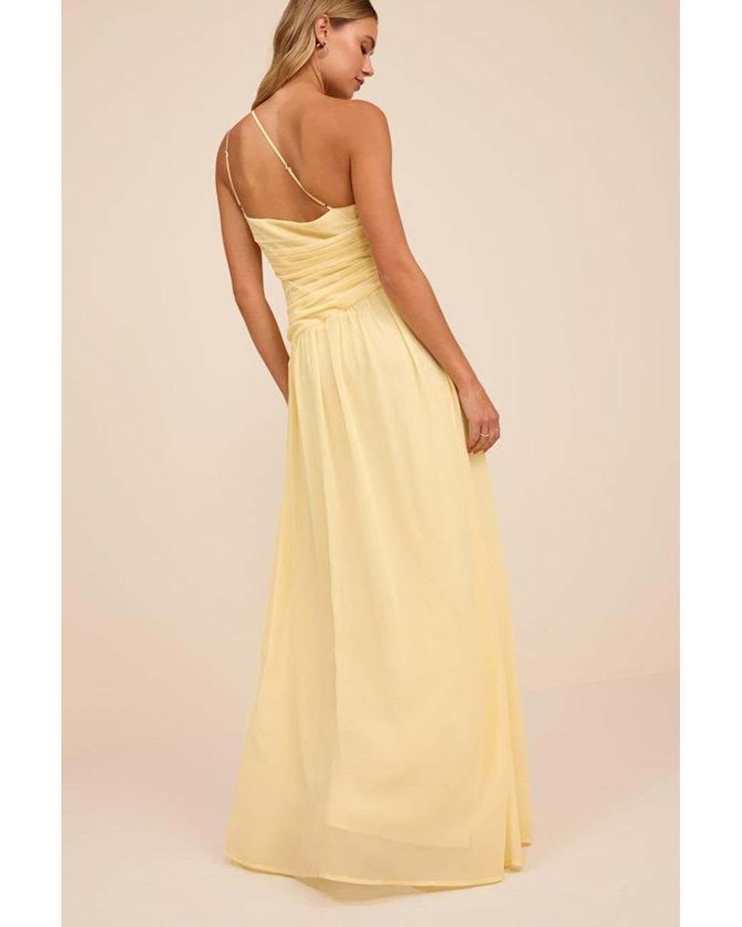 Lulus Natural Marcela Pale Ruched One-Shoulder Maxi Dress