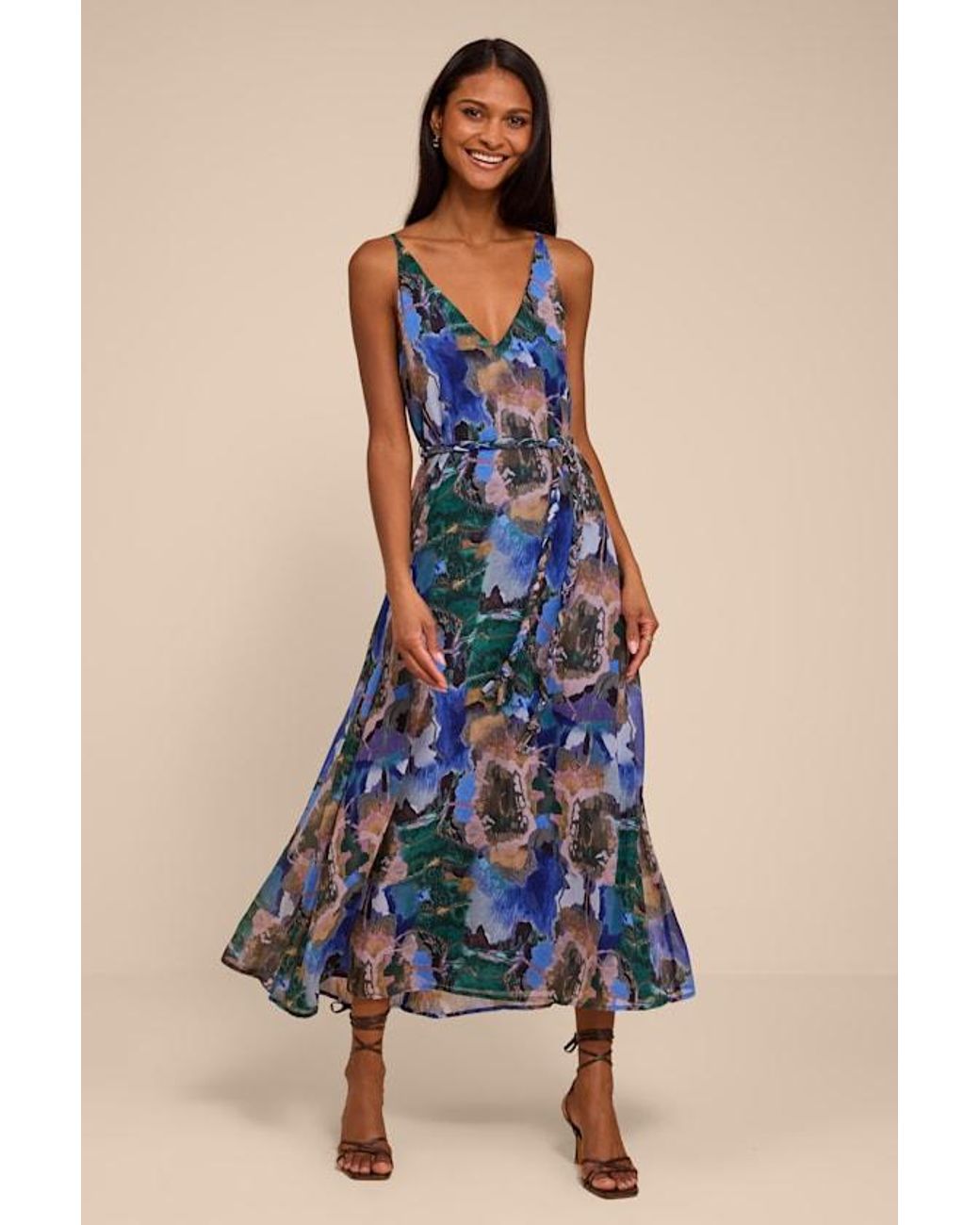 Lulus Blue Denay Multi Floral V-Neck Midi Dress